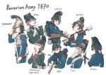  1870 6+girls absurdres ammunition ammunition_pouch armor backpack bag bavaria belt black_belt blonde_hair blue_eyes blue_jacket braid brown_hair buttons canteen cartridge cavalry_sword chin_strap cigarette closed_mouth commentary cropped_torso cuirass cuirassier dreyse_m1841 english_text german_text green_jacket gun hair_between_eyes hand_up hat hat_ornament helmet highres holding holding_cigarette holding_gun holding_sheath holding_sword holding_weapon jacket karasumi_(sumizono) load_bearing_equipment long_hair long_sleeves looking_at_viewer low_twin_braids magazine_(weapon) magazine_ejection military military_hat military_jacket military_uniform multiple_girls open_mouth original pants pickaxe plume pouch ramrod reloading rifle_cartridge scabbard sheath sheathed short_hair shoulder_boards simple_background smoking soldier sword twin_braids uhlan uniform upper_body weapon white_background white_belt 