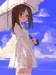  1girl alternate_costume azumanga_daioh blue_sky blush brown_eyes brown_hair clouds cross cross_necklace dress highres holding holding_umbrella jewelry kasuga_ayumu kyuunn lolita_fashion long_sleeves looking_at_viewer medium_hair necklace sky smile solo thigh-highs umbrella white_dress white_thighhighs white_umbrella 