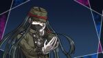  1boy androgynous armband bandaged_head bandages black_hair black_mask blue_background blunt_ends buttons chain chain_necklace collared_jacket commentary_request compass covered_mouth danganronpa_(series) danganronpa_v3:_killing_harmony gakuran green_hat green_jacket green_sleeves hand_on_own_cheek hand_on_own_face hat jacket jewelry layered_sleeves long_hair long_sleeves male_focus mask mouth_mask necklace official_style outside_border outstretched_hand parody peaked_cap pocket polka_dot polka_dot_background red_armband school_uniform shinguji_korekiyo simple_background solo straight_hair style_parody upper_body very_long_hair yellow_eyes yumaru_(marumarumaru) zipper zipper_pull_tab 