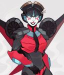 airplane_wing armor blue_eyes breasts glowing glowing_eyes humanoid_robot mechanical_wings medium_breasts red_lips robot robot_girl shoulder_armor smile sorbtw the_transformers_(idw) transformers windblade wings 