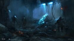  3others ambiguous_gender blue_theme cable commentary company_logo company_name copyright_name dark dated eve_online georg_hilmarsson glowing helmet highres logo multiple_others official_art scenery science_fiction signature stasis_tank 