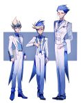  3boys absurdres alternate_costume antinomy bad_id bad_lofter_id belt black_belt blonde_hair blue_background blue_eyes blue_hair blue_necktie blue_shirt blue_theme blue_vest clenched_hands clipboard coat collared_shirt dress_shirt dress_shoes expressionless formal full_body hand_up highres holding holding_clipboard holding_towel in-franchise_crossover jacket light_smile long_sleeves looking_at_viewer male_focus multicolored_hair multiple_boys naoki_(2rzmcaizerails6) necktie open_clothes open_jacket pants shirt short_hair simple_background sleeve_cuffs spiky_hair standing tailcoat tenjou_kaito towel two-sided_coat two-sided_fabric two-sided_tailcoat vest walking white_coat white_pants white_towel white_vest yu-gi-oh! yu-gi-oh!_5d&#039;s yu-gi-oh!_arc-v yu-gi-oh!_zexal yuugo_(yu-gi-oh!) 