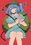  1girl backpack bag blue_eyes blue_hair blue_skirt breasts feet_out_of_frame flat_cap green_hat hair_bobbles hair_ornament hat highres kawashiro_nitori key large_breasts own_hands_together red_background shino8504 short_sleeves simple_background skirt solo squiggle touhou two_side_up 
