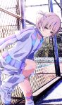 1girl absurdres against_fence blonde_hair choker fence highres hololive hololive_dev_is jacket long_sleeves open_clothes open_jacket outdoors photo_background purple_choker purple_jacket shirt shoes shorts sneakers solo t4n4k4_no_yosei todoroki_hajime two_side_up violet_eyes virtual_youtuber white_shirt 