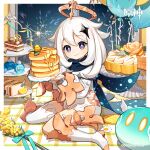  1girl :t absurdres balloon boots cake food food_on_face fork fruit genshin_impact highres holding holding_plate lemon lemon_slice long_hair looking_at_viewer official_art paimon_(genshin_impact) pancake plate sandwiched sitting slime_(genshin_impact) smile tiered_tray violet_eyes wariza white_footwear white_hair white_romper 