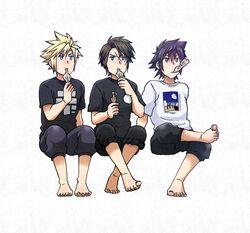  3boys alternate_costume barefoot black_hair black_pants blonde_hair blue_eyes brown_hair cloud_strife commentary_request crossed_legs dissidia_final_fantasy final_fantasy final_fantasy_vii final_fantasy_viii final_fantasy_xv food food_in_mouth highres holding holding_food in-franchise_crossover k516oshitemairu male_focus multiple_boys noctis_lucis_caelum pants print_shirt scar scar_on_face scar_on_forehead shirt short_hair sitting spiky_hair squall_leonhart 