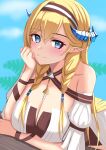  absurdres arknights blonde_hair blue_eyes breasts detached_sleeves dragon_horns hairband highres horns long_hair pointy_ears saileach_(arknights) saileach_(summer_flowers)_(arknights) smile swimsuit uiru_(uiruuun) very_long_hair 