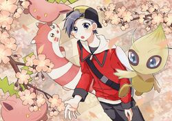  1boy :o alternate_color animal_ears backwards_hat bag baseball_cap black_hat black_pants blue_eyes blush celebi cherry_blossoms commentary_request dutch_angle ethan_(pokemon) furret grey_eyes grey_hair hat highres hoppip jacket long_sleeves looking_at_viewer looking_up male_focus mikakami1e open_mouth pants pokemon pokemon_(creature) pokemon_hgss red_jacket shiny_pokemon short_hair smile tree wings yellow_eyes zipper_pull_tab 