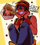  4boys absurdres birthday_cake blonde_hair blue_eyes braid braided_ponytail cake closed_eyes commentary earrings english_commentary food giorno_giovanna grin guido_mista hair_between_eyes hat highres huyandere jewelry jojo_no_kimyou_na_bouken male_focus multiple_boys narancia_ghirga pannacotta_fugo pants purple_hair purple_pants single_braid smile starry_background stud_earrings vento_aureo wristband 