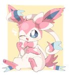 baniragum blue_eyes blue_fur blush border bow bright_pupils highres looking_at_viewer multicolored_fur no_humans one_eye_closed open_mouth pink_fur pokemon pokemon_(creature) ribbon simple_background sitting smile solo sylveon white_border white_fur white_pupils yellow_background 