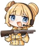  1girl black_gloves blonde_hair blue_eyes blush buckshot_roulette chibi chibi_only commentary double_bun english_commentary gloves gun hair_bun headset holding holding_gun holding_weapon hololive hololive_english looking_at_viewer moon_ldl official_alternate_costume official_alternate_hairstyle open_mouth pump_action short_hair shotgun simple_background smile solo spacesuit transparent_background virtual_youtuber watson_amelia watson_amelia_(astronaut) weapon 