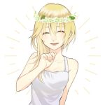  1girl bare_shoulders blonde_hair closed_eyes collarbone commentary_request dress fingernails flower head_wreath hishi_mochi kingdom_hearts kingdom_hearts_ii long_hair lower_teeth_only namine open_mouth simple_background sleeveless sleeveless_dress smile solo teeth white_background white_dress 