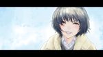  1girl absurdres amagami black_eyes black_hair blush clenched_teeth highres letterboxed looking_at_viewer nanasaki_ai oshizu parka short_hair solo teeth winter_clothes 