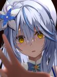 1girl absurdres ahoge beret blue_eyes blue_flower blue_hair commentary_request elf empty_eyes flower hair_between_eyes hair_flower hair_ornament hat heart heart_ahoge highres hololive looking_at_viewer micon open_mouth outstretched_hand pointy_ears solo upper_body white_flower white_hat yandere yellow_eyes yukihana_lamy yukihana_lamy_(1st_costume) 