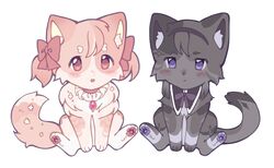  akemi_homura akemi_homura_(magical_girl) animal animal_focus animalization black_fur blush bow cat full_body highres kaname_madoka kaname_madoka_(magical_girl) kuro_miumu magical_girl mahou_shoujo_madoka_magica no_humans pawpads pink_eyes pink_fur simple_background sitting soul_gem tail violet_eyes white_background 