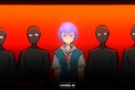  1girl 4others :| absurdres ayanami_rei blue_hair closed_mouth highres layzee_15 lineup looking_at_viewer multiple_others neon_genesis_evangelion red_background red_eyes red_ribbon ribbon self-upload 