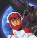  1990s_(style) 1boy brown_eyes brown_hair clouds cover dvd_cover earth_(planet) emblem english_commentary gloves gundam gundam_zz helmet highres in_orbit judau_ashta key_visual kitazume_hiroyuki mecha mobile_suit neo_zeon official_art pilot_suit planet promotional_art qubeley_mk_ii retro_artstyle robot scan science_fiction space spacesuit traditional_media uniform 