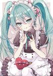  1girl :q absurdres apron aqua_hair blue_eyes blue_nails box collared_shirt dress_shirt food food_on_face grey_shirt grey_skirt hair_between_eyes hair_ribbon hatsune_miku heart-shaped_box highres index_finger_raised long_hair looking_at_viewer maid_headdress naguno-0713 nail_polish pantyhose pink_ribbon ribbon shirt short_sleeves signature skirt smile solo tongue tongue_out twintails valentine very_long_hair vocaloid waist_apron white_apron white_pantyhose wing_collar 