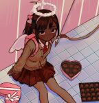  1girl backpack bag bow_(weapon) box box_of_chocolates brown_hair cardigan chocolate dark-skinned_female dark_skin fake_halo from_above halo io_(onisarashi) looking_at_viewer original pantyhose pleated_skirt school_uniform sitting skirt smile solo weapon winged_bag 