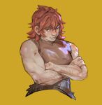  1girl armor artist_name dungeon_meshi dwarf highres leather_armor looking_at_viewer muscular muscular_female namari_(dungeon_meshi) nukbody pelt redhead short_hair smile strong yellow_background 