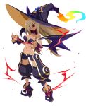  1girl black_footwear black_sclera black_wings braid breasts colored_sclera dark_persona detached_collar disgaea disgaea_rpg earrings full_body gem hat highres jewelry large_breasts light_brown_hair long_hair magic majo_to_hyakkihei metallica_(majo_to_hyakkihei) navel non-web_source official_art photoshop_(medium) pointy_ears pointy_footwear prinny red_eyes ring solo standing transparent_background twin_braids wide_brim wings witch witch_hat 