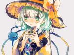  1girl black_hat blouse bow buttons diamond_button eyeball frilled_shirt_collar frilled_sleeves frills green_hair hat hat_bow hat_ribbon heart heart_of_string hiyuu_(hiyualice) komeiji_koishi own_hands_together ribbon shirt solo third_eye touhou upper_body wide_sleeves yellow_bow yellow_ribbon yellow_shirt 