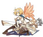  1girl ark_order arrow_(projectile) blonde_hair blue_scarf boots bow_(weapon) brown_footwear crop_top detached_wings drawing_bow elbow_gloves feathered_wings fighting_stance forehead_protector full_body gloves gold_trim hair_intakes holding holding_arrow holding_bow_(weapon) holding_weapon icarus_(ark_order) jewelry kamisa looking_at_viewer midriff official_art orange_wings quiver ring scarf shirt short_hair skirt solo squatting stomach tachi-e thigh-highs thigh_boots transparent_background weapon white_gloves white_shirt white_skirt wings 