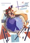  1girl abstract_background absurdly_long_hair absurdres barefoot belt black_belt blue_skirt bow brown_eyes brown_hair brown_horns chained_wrists chinese_commentary collared_shirt frilled_skirt frills from_above hair_between_eyes hair_bow highres horn_bow horn_ornament horns ibuki_suika knee_up long_hair long_hair_between_eyes long_skirt looking_at_viewer low-tied_long_hair low_twintails lying on_back open_mouth pointy_ears red_bow restrained shirt sidelighting skirt sleeveless sleeveless_shirt solo teeth touhou twintails very_long_hair yazato_ichimushi 