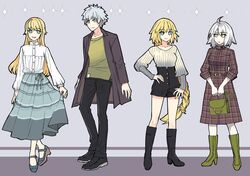  1boy 1other 2girls :o absurdres bag belt black_footwear black_pants black_shorts blonde_hair blue_eyes blue_footwear blue_skirt boots braid brown_belt brown_coat brown_dress charles-henri_sanson_(fate) chevalier_d&#039;eon_(fate) closed_mouth coat contrapposto dress endou_minari fate/grand_order fate_(series) full_body green_bag green_footwear green_shirt grey_hair hand_on_own_hip high-waist_shorts high_collar high_heels highres holding holding_bag jeanne_d&#039;arc_(fate) jeanne_d&#039;arc_alter_(fate) knee_boots long_hair long_skirt long_sleeves looking_at_viewer multiple_girls official_alternate_costume open_clothes open_coat pants pink_nails plaid_clothes plaid_dress shirt short_hair shorts single_braid skirt skirt_hold smile standing striped_clothes striped_shirt v-neck vertical-striped_clothes vertical-striped_shirt very_long_hair white_hair white_shirt yellow_eyes 