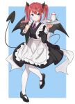  1girl absurdres apron black_dress black_footwear black_wings blue_background blue_eyes blush closed_mouth collared_dress commentary_request cup demon_girl demon_tail demon_wings dress frilled_apron frills full_body highres holding holding_tray honorikiti juliet_sleeves long_hair long_sleeves maid original pantyhose puffy_sleeves redhead saucer shoes smile solo standing standing_on_one_leg tail teacup teapot tray twintails two-tone_background white_apron white_background white_pantyhose wings 