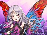  1girl alternate_hairstyle bare_shoulders blue_eyes commentary detached_sleeves english_commentary facial_mark fairy fairy_wings fire_emblem fire_emblem_heroes floating_hair forehead_mark gradient_hair grimaisbestwaifu hair_vines looking_at_viewer multicolored_hair open_mouth plant plumeria_(fire_emblem) pointy_ears purple_hair red_eyes signature smile solo vines wings 