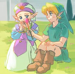  1boy 1girl belt blonde_hair blue_eyes blue_sleeves blush boots brown_belt brown_footwear child closed_mouth commentary_request dress flower full_body giving_flower green_hat green_tunic hand_on_own_knee hat hetero holding holding_flower link long_dress long_sleeves looking_at_another looking_at_object mihama66 on_grass open_mouth own_hands_together pink_flower pink_tulip pointy_ears princess_zelda puffy_long_sleeves puffy_sleeves purple_dress short_hair short_sleeves sitting sketch smile the_legend_of_zelda the_legend_of_zelda:_ocarina_of_time tulip two-tone_dress white_dress white_headdress young_link young_zelda 