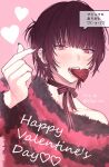  1boy black_hair black_nails blunt_bangs blush candy chocolate choker finger_heart food heart heart-shaped_chocolate highres looking_at_viewer male_focus neck_ribbon nonomori original piercing pink_background red_eyes ribbon short_ponytail sidelocks sweater upper_body 