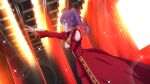  1girl 22/7 22/7_ongaku_no_jikan ahoge concert dress dutch_angle fang from_side game_cg hair_between_eyes hair_ornament hand_on_own_chest highres indoors lens_flare long_sleeves non-web_source official_art outstretched_arm purple_hair red_curtains red_dress solo sparkle stage_lights tojo_yuki twintails violet_eyes 