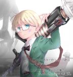  1boy black_bow blonde_hair blue_eyes bow doseisan glasses highres holding holding_weapon jeff_andonuts long_sleeves mother_(game) mother_2 short_hair solo translation_request upper_body weapon yamamori_uniko 