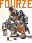  1boy absurdres armor astro_switch black_helmet bodysuit character_name commentary_request english_text fourze_driver highres kamen_rider kamen_rider_fourze kamen_rider_fourze_(series) looking_at_viewer male_focus obakelope0530 orange_eyes power_armor solo squatting white_armor white_background white_bodysuit white_helmet 