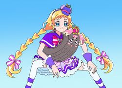  arched_crown blonde_hair blush bow brooch company_connection cosplay crossover crown dress_bow hat_ornament heart heart_brooch heart_hat_ornament highres inukai_komugi jewelry kamen_rider kamen_rider_drive kamen_rider_drive_(cosplay) kamen_rider_drive_(series) mini_crown multicolored_bow nekoyashiki_yuki pointed_crown precure shideboo_(shideboh) spoilers tire twintails type_speed wonderful_precure! 
