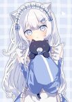  1girl :&lt; absurdres animal_ears apron blue_bow blue_eyes blue_hairband blue_jacket blue_sleeves bow cat_ears closed_mouth commentary commission detached_sleeves fish_hair_ornament frilled_apron frilled_hairband frills grey_background grey_hair hair_ornament hairband hairclip head_tilt heart highres holding holding_stuffed_toy jacket jersey_maid long_hair long_sleeves looking_at_viewer maid original plaid plaid_background puffy_long_sleeves puffy_sleeves skeb_commission sleeveless sleeveless_jacket sleeves_past_fingers sleeves_past_wrists sofra solo stuffed_animal stuffed_cat stuffed_toy track_jacket two_side_up unconventional_maid very_long_hair white_apron 