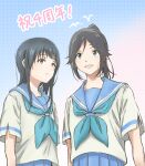  2girls black_hair blue_eyes blue_neckerchief blue_sailor_collar blue_skirt closed_mouth commentary_request curryisfriend hibike!_euphonium highres kasaki_nozomi kitauji_high_school_uniform liz_to_aoi_tori long_hair multiple_girls neckerchief open_mouth pleated_skirt ponytail sailor_collar school_uniform serafuku shirt short_sleeves skirt smile translation_request upper_body violet_eyes white_shirt yoroizuka_mizore 