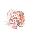  2girls :3 :p ahoge animal_ear_fluff animal_ears barefoot bell blush blush_stickers bow brown_eyes brown_hair butter_(trickcal) cat_ears cat_girl cat_tail cheek-to-cheek cheek_press cheek_squash chibi closed_eyes dog_ears dog_girl dog_tail fang hair_bow heads_together highres holding_hands jingle_bell komi_(trickcal) long_hair multiple_girls neck_bell nion_smarl one_eye_closed open_mouth pillow pink_shorts ribbon shirt short_sleeves shorts smile striped_clothes striped_thighhighs tail thigh-highs tongue tongue_out trickcal white_hair white_shirt yellow_ribbon yellow_shirt 