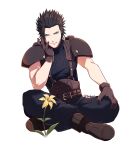  1boy armor baggy_pants black_footwear black_gloves black_hair blue_eyes boots crisis_core_final_fantasy_vii final_fantasy final_fantasy_vii final_fantasy_vii_rebirth final_fantasy_vii_remake flower full_body gloves hair_slicked_back highres igusaharu indian_style looking_at_viewer male_focus pants parted_lips ribbed_sweater scar scar_on_cheek scar_on_face short_hair shoulder_armor sitting sleeveless sleeveless_turtleneck solo spiky_hair suspenders sweater turtleneck turtleneck_sweater white_background yellow_flower zack_fair 