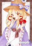  1girl alternate_costume apron blonde_hair blush border bow box brown_border brown_bow brown_hat candy chocolate commentary_request covered_mouth cowboy_shot enmaided food frilled_apron frills gift hair_ribbon hands_up hat hat_bow heart heart-shaped_box heart-shaped_chocolate highres holding holding_chocolate holding_food holding_gift japanese_clothes kimono long_hair long_sleeves looking_at_viewer maid maid_apron marker_(medium) moriya_suwako parted_bangs purple_bow purple_kimono pyonta red_ribbon ribbon ribbon-trimmed_sleeves ribbon_trim sample_watermark sidelocks simple_background solo touhou traditional_media tress_ribbon valentine wa_maid watermark white_apron white_background wide_sleeves yellow_eyes yuiki_(cube) 