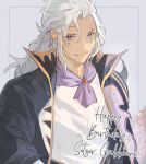  1boy ascot black_coat character_name closed_mouth coat final_fantasy final_fantasy_vi garbage_paper gold_trim grey_background grey_hair hair_between_eyes happy_birthday long_hair looking_at_viewer male_focus messy_hair parted_bangs portrait purple_ascot scar scar_across_eye scar_on_chin scar_on_face scar_on_forehead setzer_gabbiani shirt shoulder_spikes single_shoulder_pad smile solo spikes upper_body violet_eyes wavy_hair white_shirt 