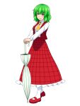  1girl absurdres ascot closed_umbrella collared_shirt commentary green_hair highres kazami_yuuka long_sleeves open_clothes open_vest parasol plaid plaid_skirt plaid_vest red_eyes red_footwear red_skirt red_vest shirt shoes simple_background skirt skirt_set smile solo tatsu_toyoyo touhou umbrella vest white_background white_shirt yellow_ascot 