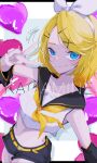  1girl absurdres black_shorts blonde_hair blue_eyes character_name closed_mouth detached_sleeves english_text goma_irasuto hair_ornament hairclip headset highres kagamine_rin looking_at_viewer neckerchief necktie shorts smile v vocaloid yellow_nails yellow_neckerchief yellow_necktie 