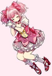  1girl bow closed_eyes collarbone dress dress_bow frilled_socks frills full_body gloves hair_bow high_heels highres kaname_madoka kaname_madoka_(magical_girl) magical_girl mahou_shoujo_madoka_magica mahou_shoujo_madoka_magica_(anime) pink_background pink_bow pink_dress pink_hair puffy_short_sleeves puffy_sleeves red_footwear short_sleeves short_twintails sleeping smile socks solo soul_gem twintails two-tone_dress urabanasimati white_dress white_gloves white_socks 