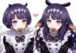  +_+ 2girls blush character_cookie cookie dual_persona food food_in_mouth hair_ornament heart hololive hololive_english long_hair long_sleeves mole mole_under_eye multiple_girls ninomae_ina&#039;nis ninomae_ina&#039;nis_(6th_costume) pointy_ears purple_hair short_hair simple_background takodachi_(ninomae_ina&#039;nis) tentacle_hair upper_body violet_eyes virtual_youtuber white_background yuuyu_(777) 