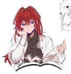  1girl ange_katrina animalization black_shirt blue_eyes book chinese_commentary coat commentary_request dog flower glasses hair_intakes highres inui_toko lab_coat lingyi long_hair long_sleeves nijisanji pink_flower redhead shirt smile solo upper_body virtual_youtuber white_coat 