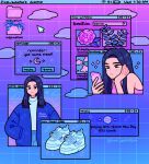  1girl blue_footwear blue_jacket blue_shirt blue_theme clouds crescent_moon cursor denim digital_media_player draw_this_in_your_style_challenge emily_kim english_text flower folder gradient_background grid_background highres holding holding_phone icon_(computing) jacket jeans moon multiple_views original pants peony_(flower) phone pink_clouds plant purple_flower purple_tank_top purple_theme shirt shoes sky sleeveless sneakers tank_top unworn_footwear user_interface whorled_clouds window_(computing) windows_desktop 