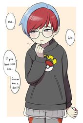  1girl absurdres black_hoodie black_sweater blue_hair commentary cowboy_shot english_commentary english_text flying_sweatdrops glasses grey_eyes highres holding holding_poke_ball hood hoodie max_manster multicolored_hair pants pants_under_shorts pants_under_skirt penny_(pokemon) pleated_skirt poke_ball poke_ball_(basic) pokemon pokemon_sv redhead round_eyewear see-through see-through_skirt short_hair short_shorts shorts skirt solo sweater two-tone_hair 